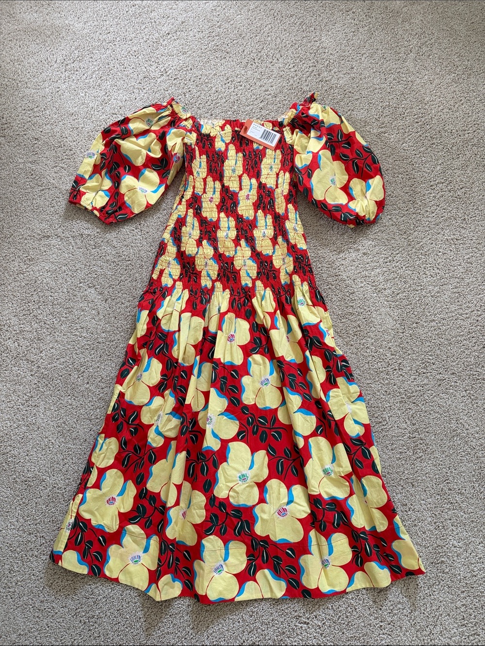 RHODE Ines Floral Puff Sleeve Smocked Midi Dress
